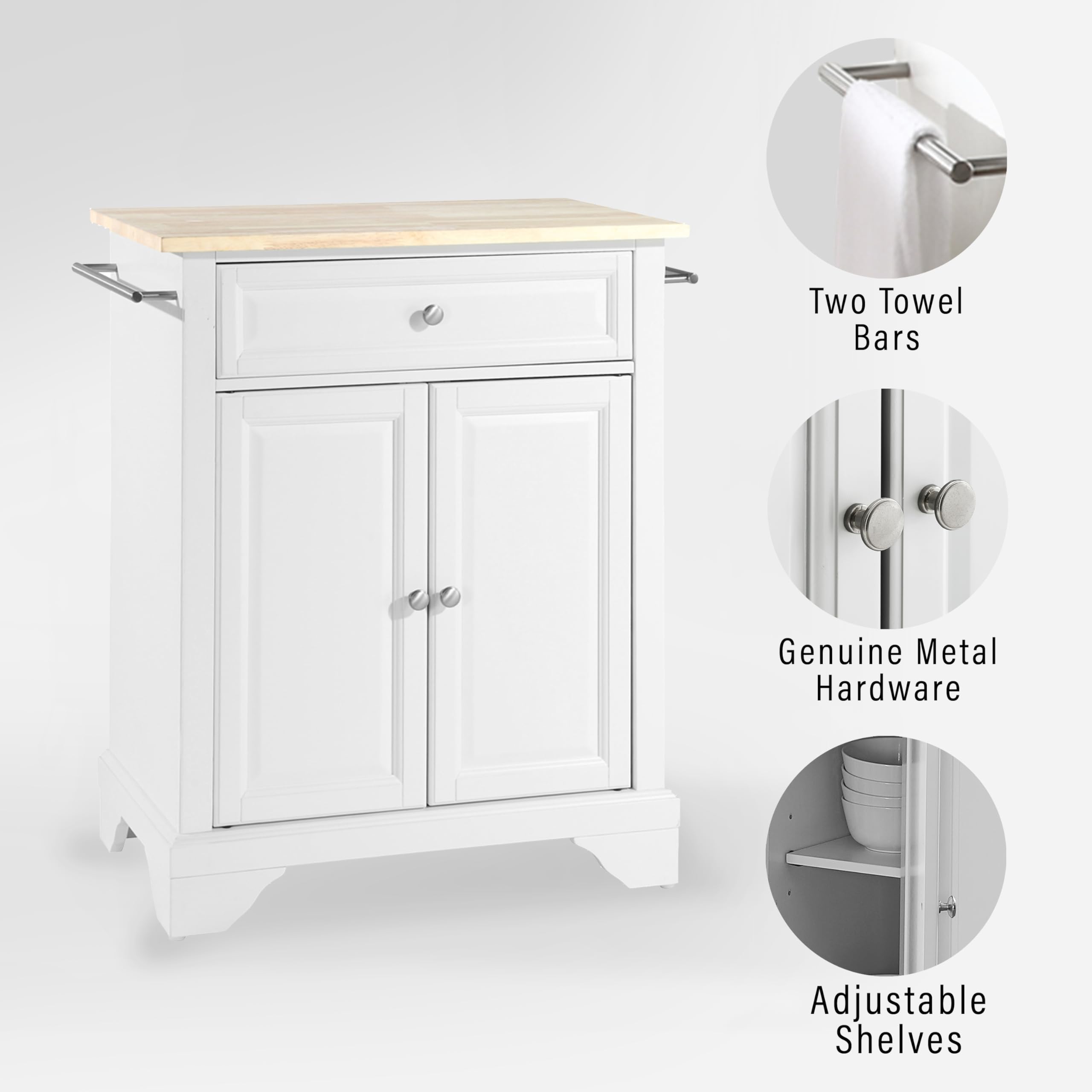 Crosley Lafayette White Wood Top Portable Rolling Kitchen Island Cart - Microwave Stand, Storage Cabinet for Small Spaces | Perfect for Kitchen, Pantry, Laundry Room & Dorm Organization