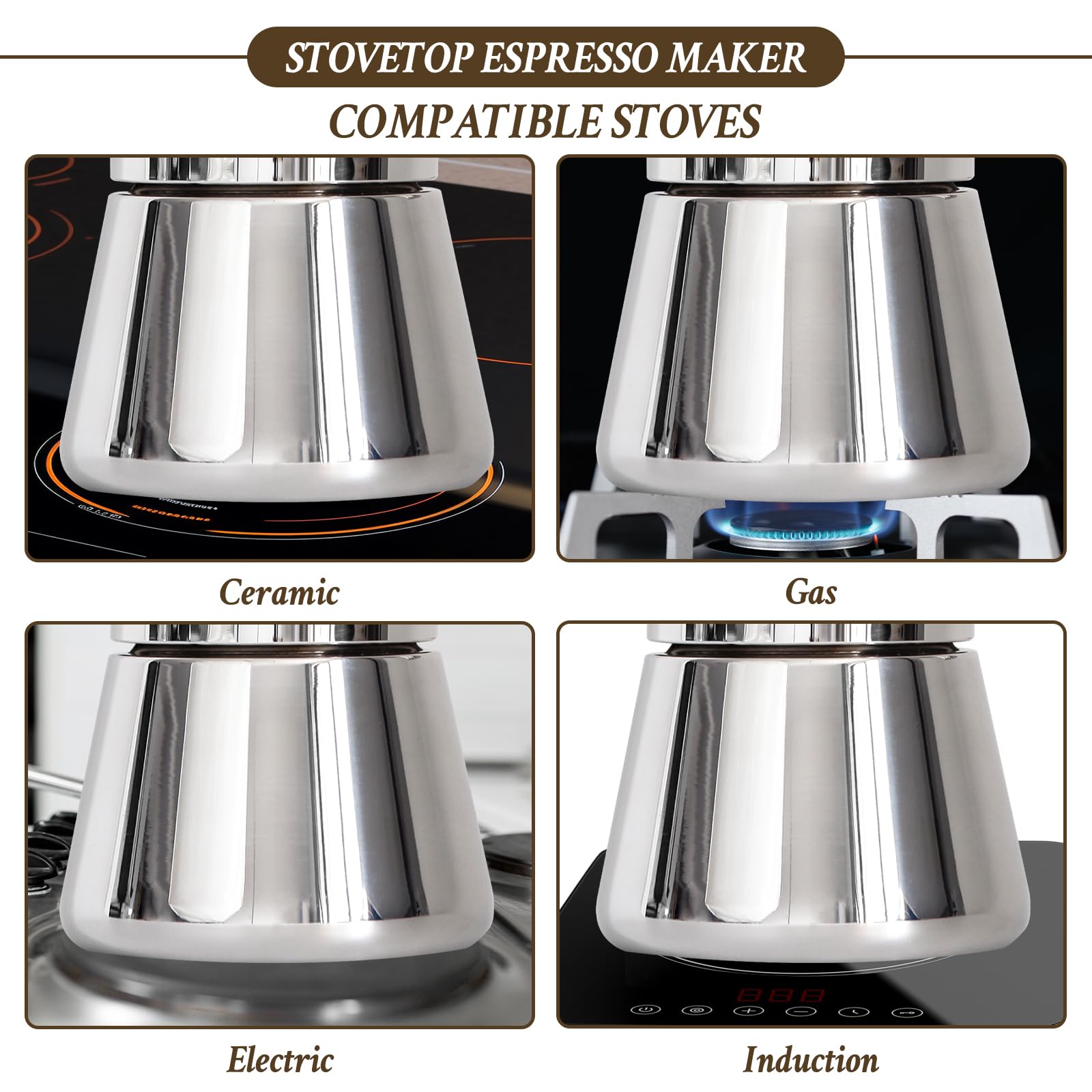 Stainless Steel Stovetop Espresso Maker - 6 Cup 10oz Moka Pot for Cuban & Italian Coffee | Induction Compatible | Perfect for Home, Travel & Camping | Great Coffee Gift for Men & Women