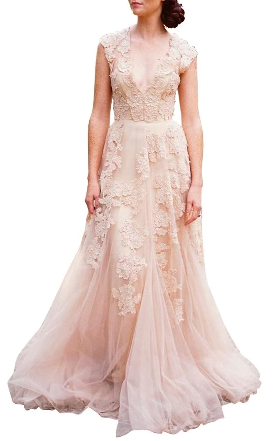 Vintage Lace Wedding Dress for Women – Cap Sleeves Boho Bridal Gown for Beach, Garden & Outdoor Ceremonies | Elegant Romantic Wedding Attire