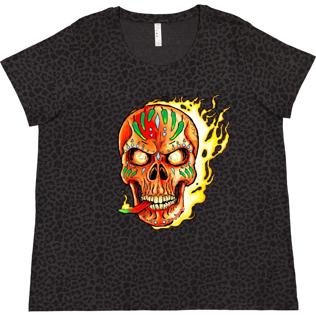 Inktastic Hot Sauce Hot Pepper Skull ON FIRE Women's Plus Size T-Shirt - Spicy Food Lover Graphic Tee for Casual Wear, Concerts & Halloween Costumes