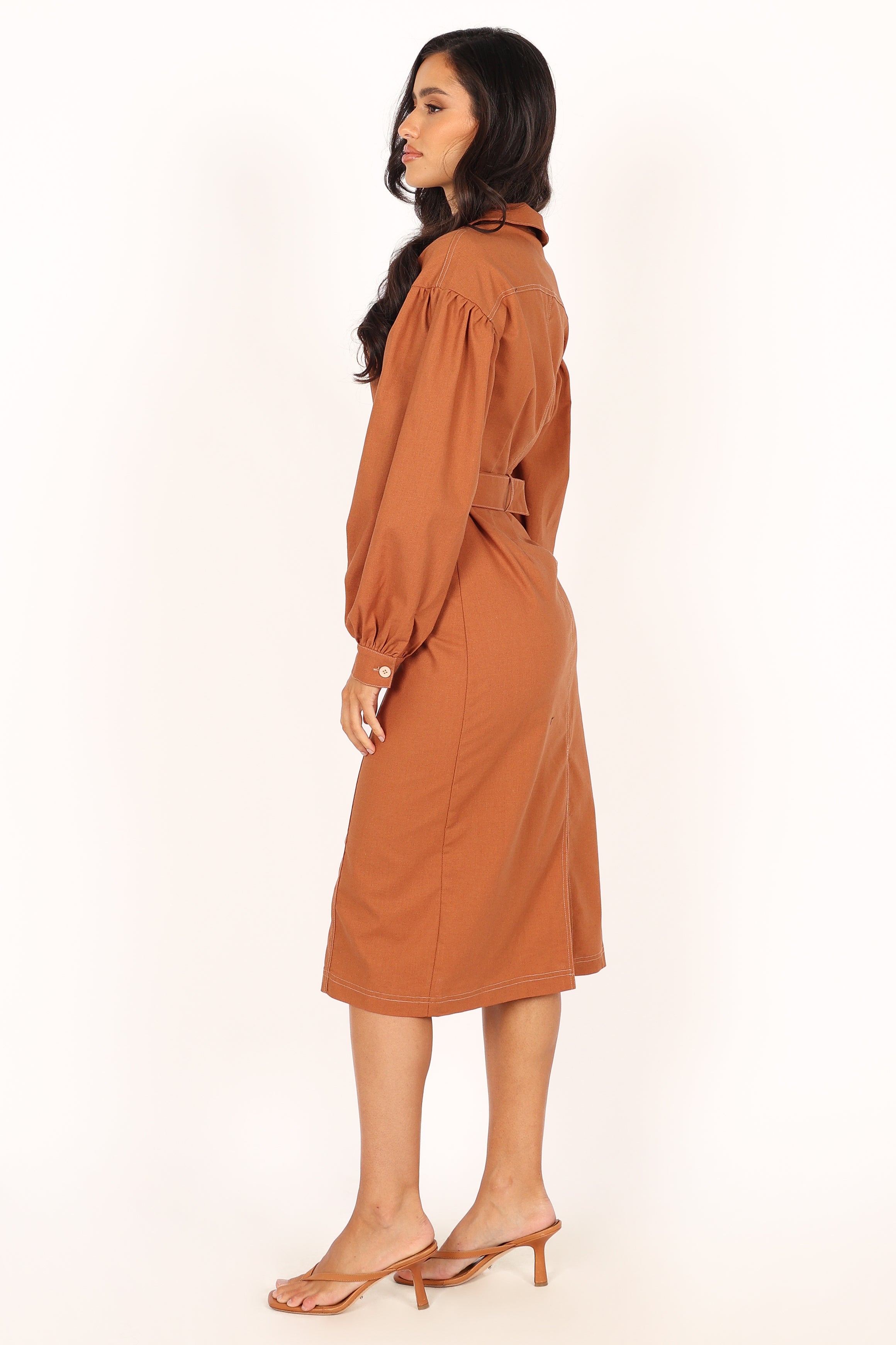 Coco Long Sleeve Midi Dress in Tan - Elegant Fall & Winter Women's Fashion for Office, Party & Date Night