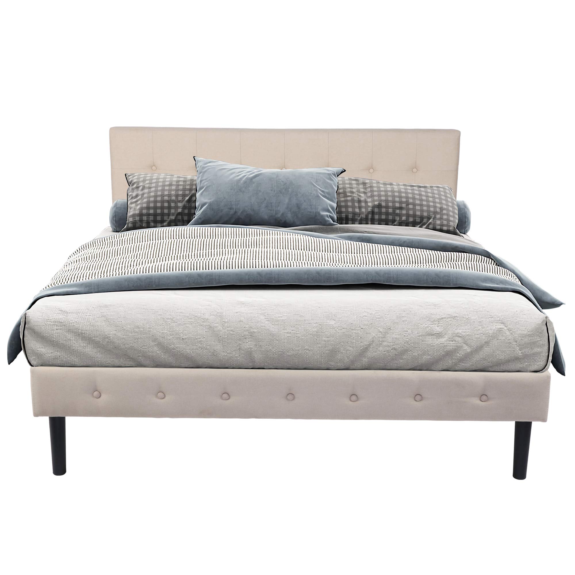 14 Inch Upholstered Platform Bed Frame with Headboard - Full Size Wood Slat Support Mattress Foundation, No Box Spring Needed, Beige Fabric - Perfect for Modern Bedrooms, Guest Rooms & Small Spaces