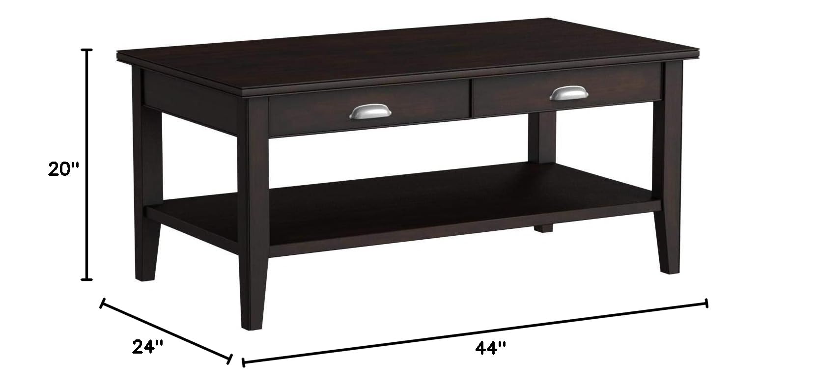 Leick Home 10504 Laurent 2-Drawer Coffee Table with Shelf in Chocolate Cherry Finish - Modern Living Room Furniture for Small Spaces & Home Decor