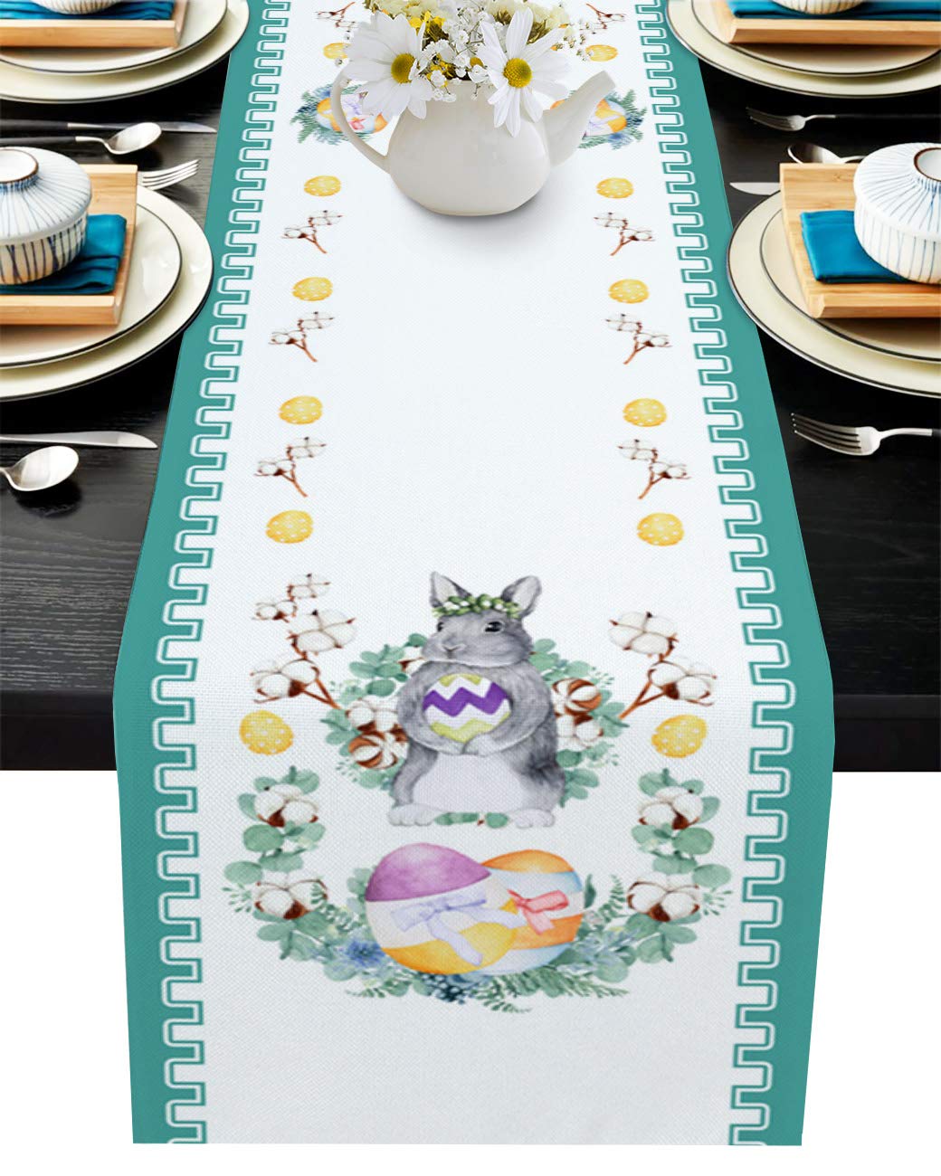 Easter Table Runner - 14x72 Inch Cotton Linen Non-Slip Tablecloth with Cute Bunny & Easter Eggs Design for Spring Holiday Dinner Parties, Home Decor - Perfect for Easter Celebrations, Dining Table Centerpiece, and Seasonal Home Decoration