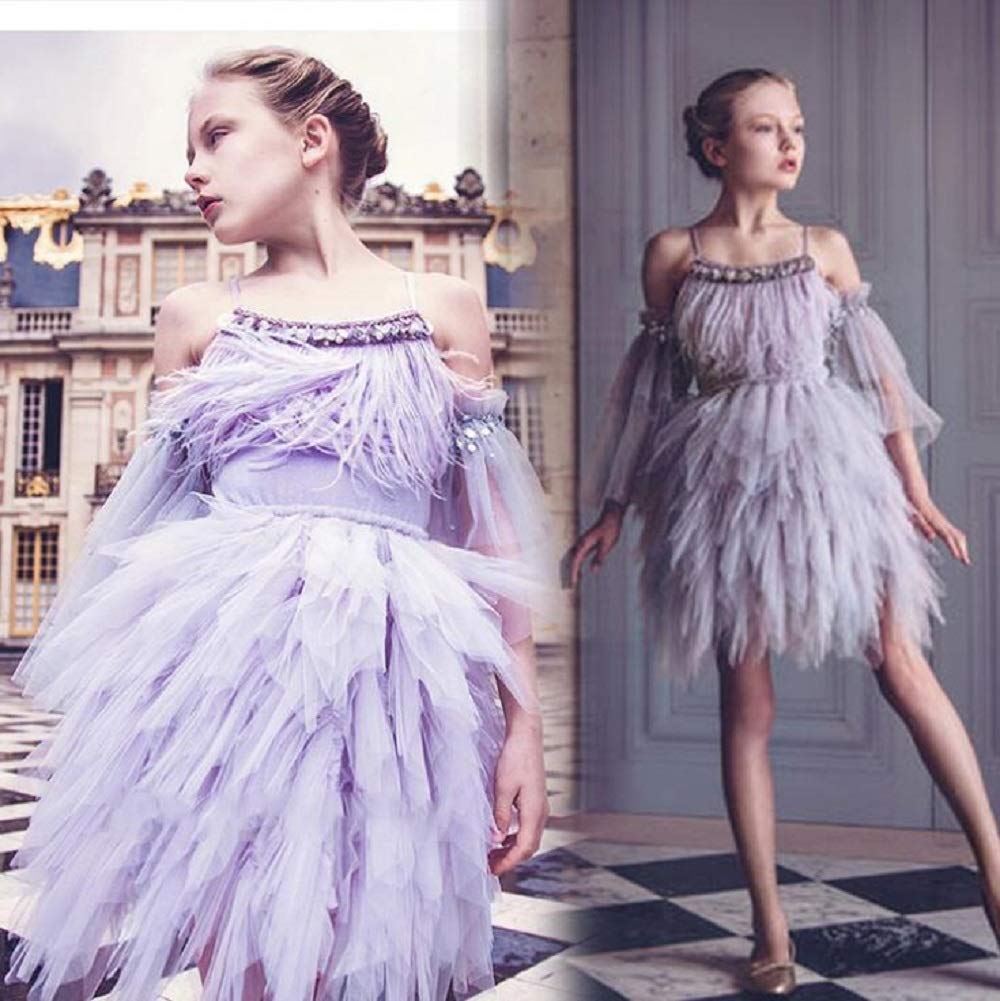 【Swan Princess】Feather Fringes Tiered Tutu Tulle Flower Girls Dress - Wedding, Ballerina Dance, Pageant, Birthday Party, Prom Gown for Kids & Toddlers