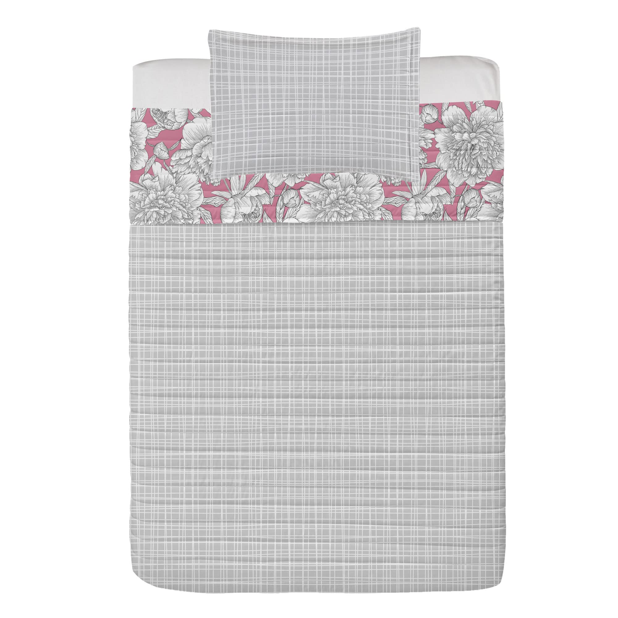 Ambesonne Floral Reversible Bedspread Set - Hand Drawn Rose, Chamomile & Peonies Design, Microfiber Comforter with Pillow Shams, Twin Size, Pink Pearl - Perfect for Spring Bedroom Decor & Boho Chic Home Styling