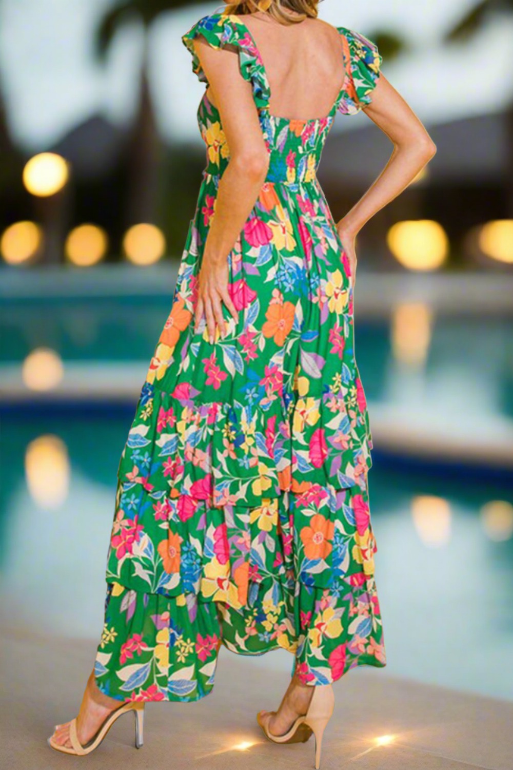 Floral Tiered Maxi Summer Dress for Women - Boho Chic Long Flowy Beach Dress with Pockets - Perfect for Vacations, Weddings & Outdoor Parties