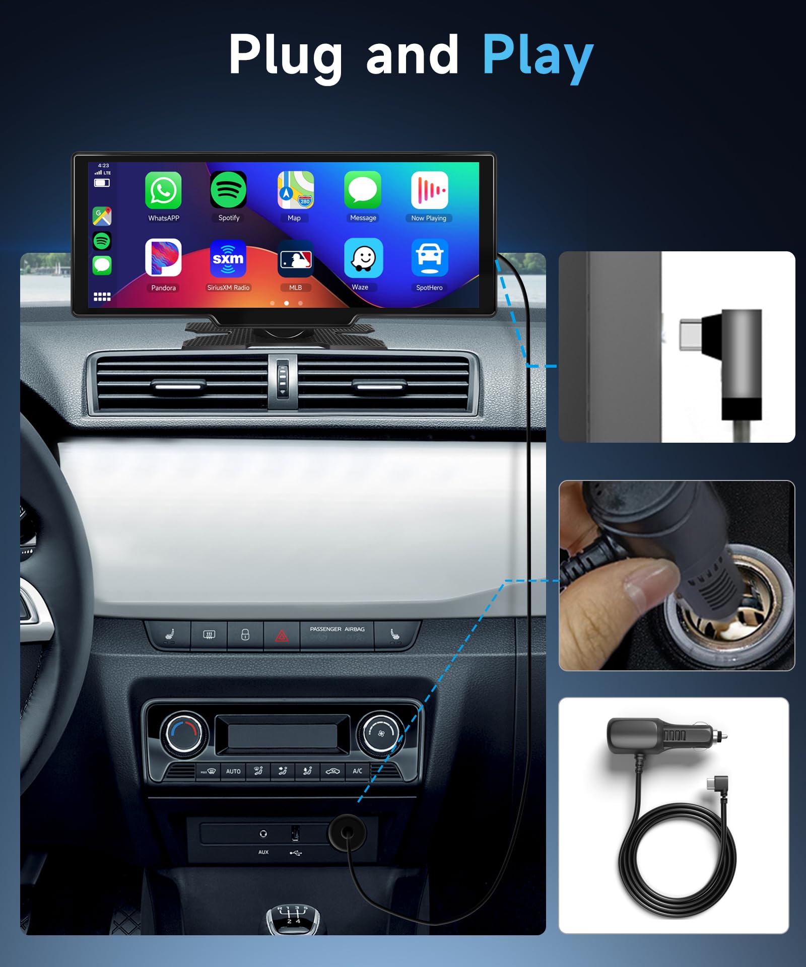 Rimoody 10.26 Inch Portable Car Stereo with Wireless CarPlay & Android Auto - Touchscreen Bluetooth Head Unit with Siri, Rear Backup Camera, Voice Control, TF Card Support (9V-36V) for Road Trips & Daily Commuting