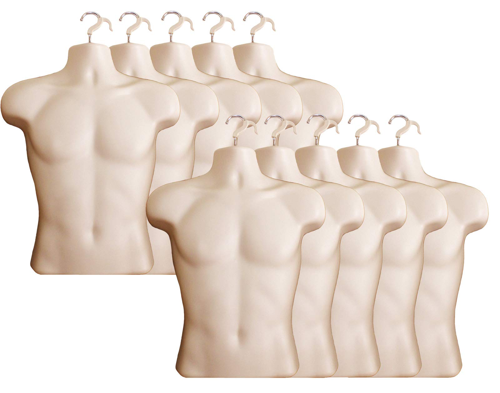 10 Pack Flesh Male Mannequin Torso with Hollow Back & Hanging Hook - S/M Size Dress Form for Clothing Display, Tailoring, and Store Visual Merchandising
