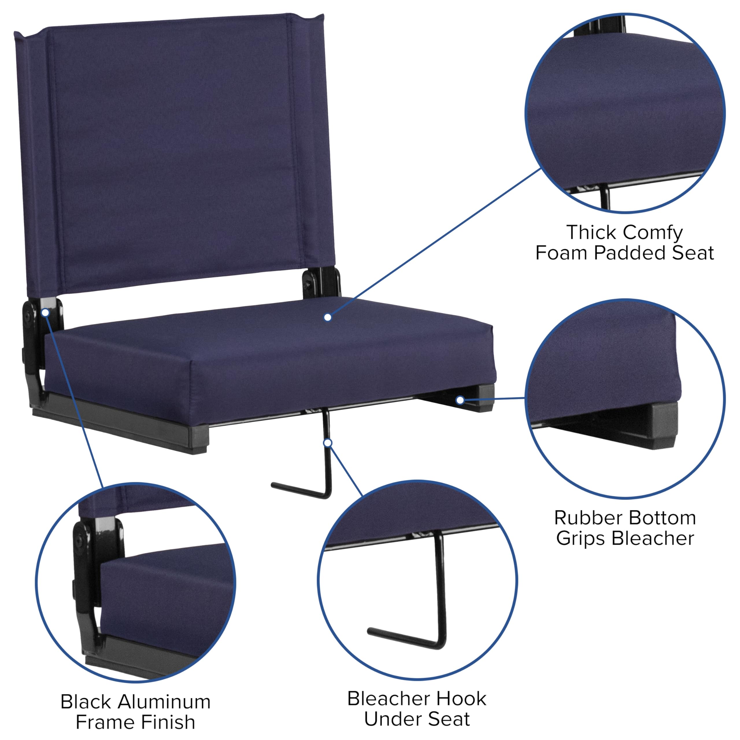Flash Furniture Grandstand Portable Folding Stadium Seat with Padded Cushion & Carrying Handle - 500 lb Weight Capacity, Navy Blue - Perfect for Bleachers, Benches, Sporting Events, Concerts & Outdoor Activities