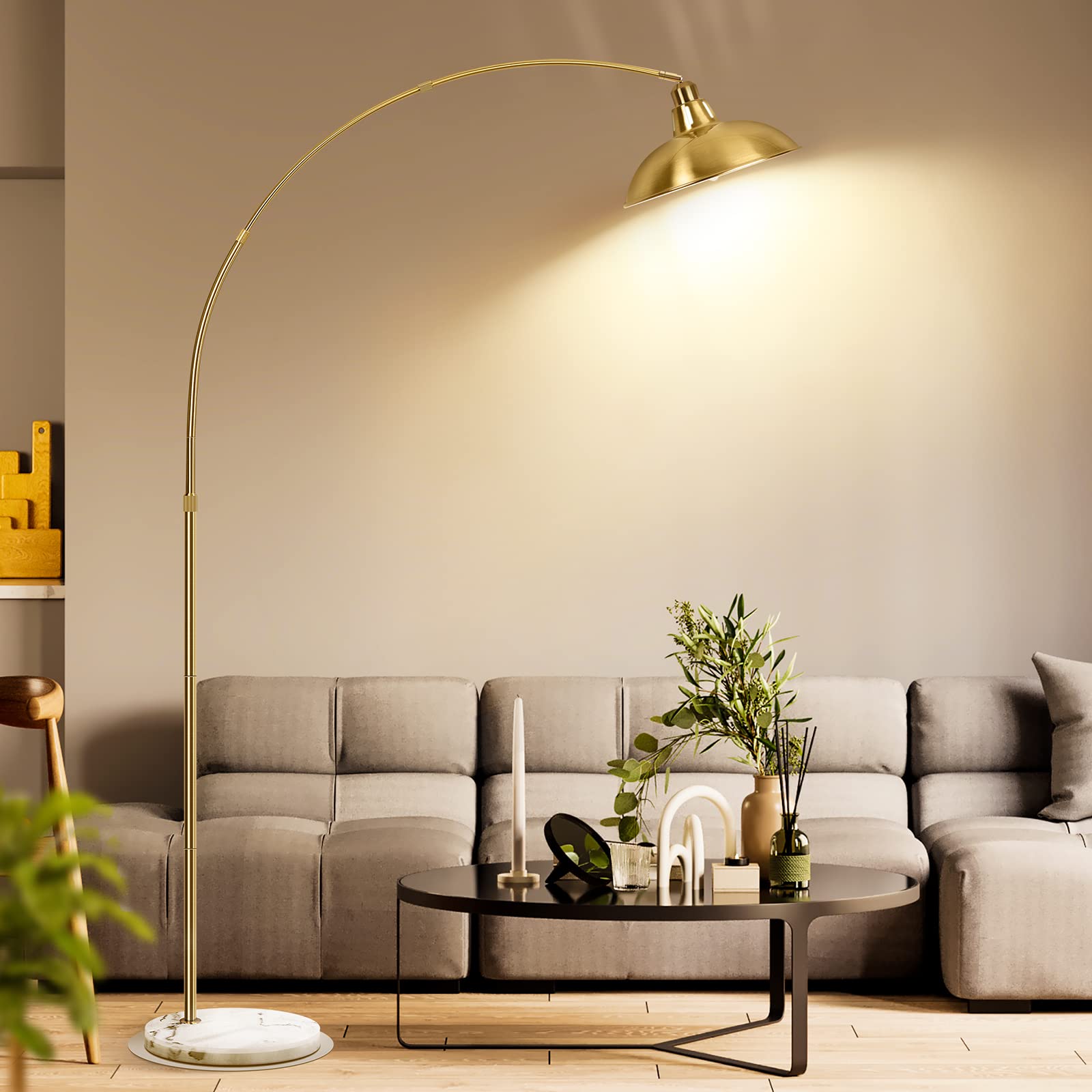 Gold Brass Arc Floor Lamp - Mid Century Modern Standing Lamp with White Marble Base | Overhanging Arch Design for Living Room, Bedroom & Study | Adjustable Reading Light & Ambient Lighting