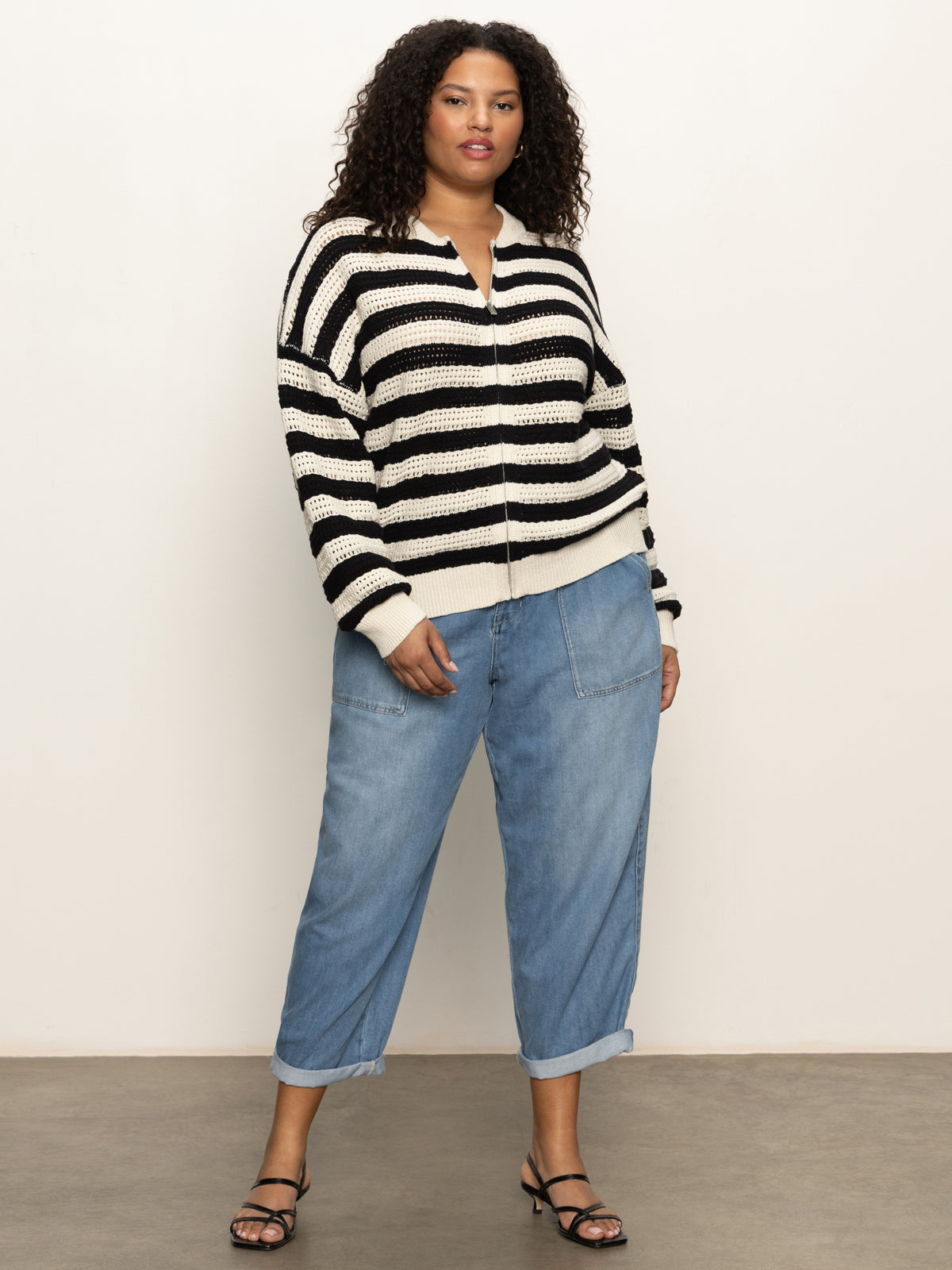 Open Knit Bomber Jacket Macrame Black Stripe - Plus Size Women's Lightweight Cardigan for Spring & Fall - Perfect for Casual Outings, Date Nights and Layered Streetwear Looks