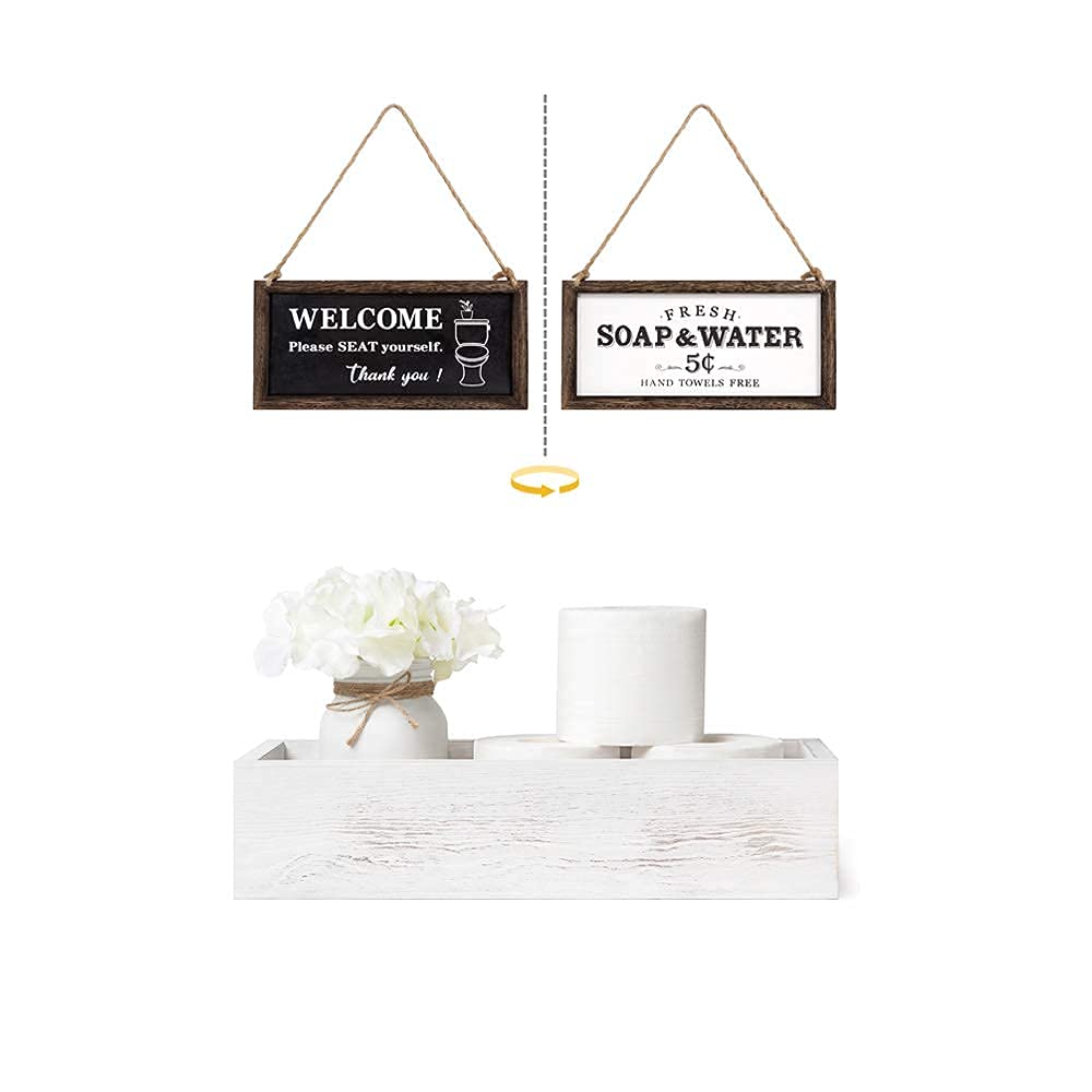 Farmhouse Wooden Bathroom Sign & Mason Jar Decor - Rustic Wall Hanging for Toilet Paper Storage
