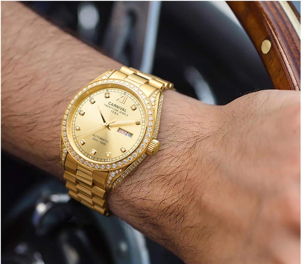 Luxury Automatic Men's Watch - Waterproof, Gold Plated, Synthetic Sapphire Crystal with Diamond Accents - Perfect for Business, Formal Events & Gifts