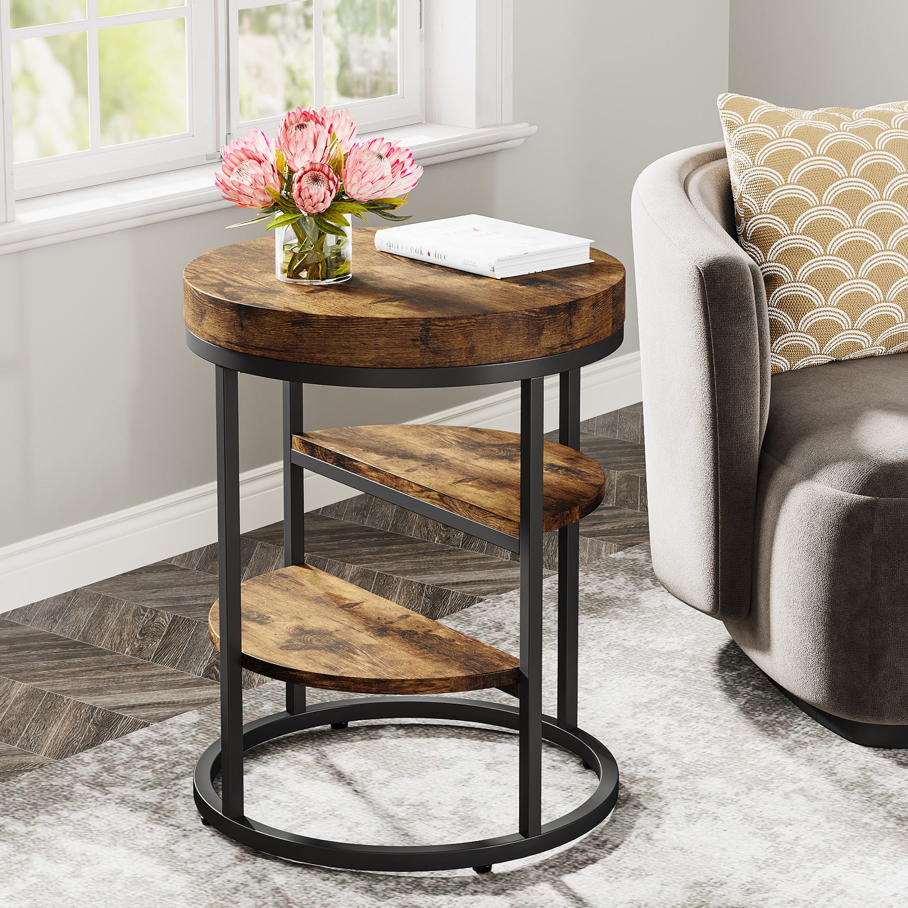 Round End Table with 3-Tier Shelves - Small Side Table & Nightstand for Living Room, Bedroom, or Office - Modern Accent Table with Storage Space