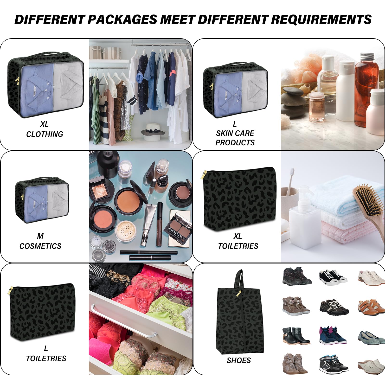 7-Piece Travel Packing Cubes Set - Luggage Organizers with Shoe Bag for Women & Girls | Black Leopard Cheetah Print | Perfect for Weekend Trips, Business Travel & Vacation Packing