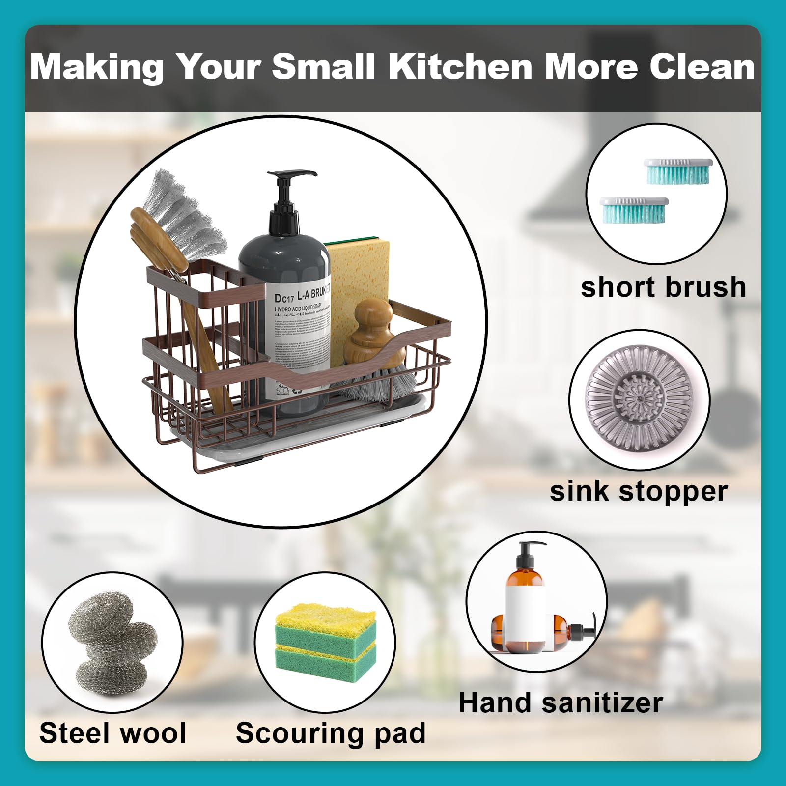 Rustproof Sponge Holder with Brush Holder & Drain Tray - Kitchen Sink Caddy Organizer for Dish Soap Storage, Countertop Accessories - Perfect for Small Kitchen & Home Organization