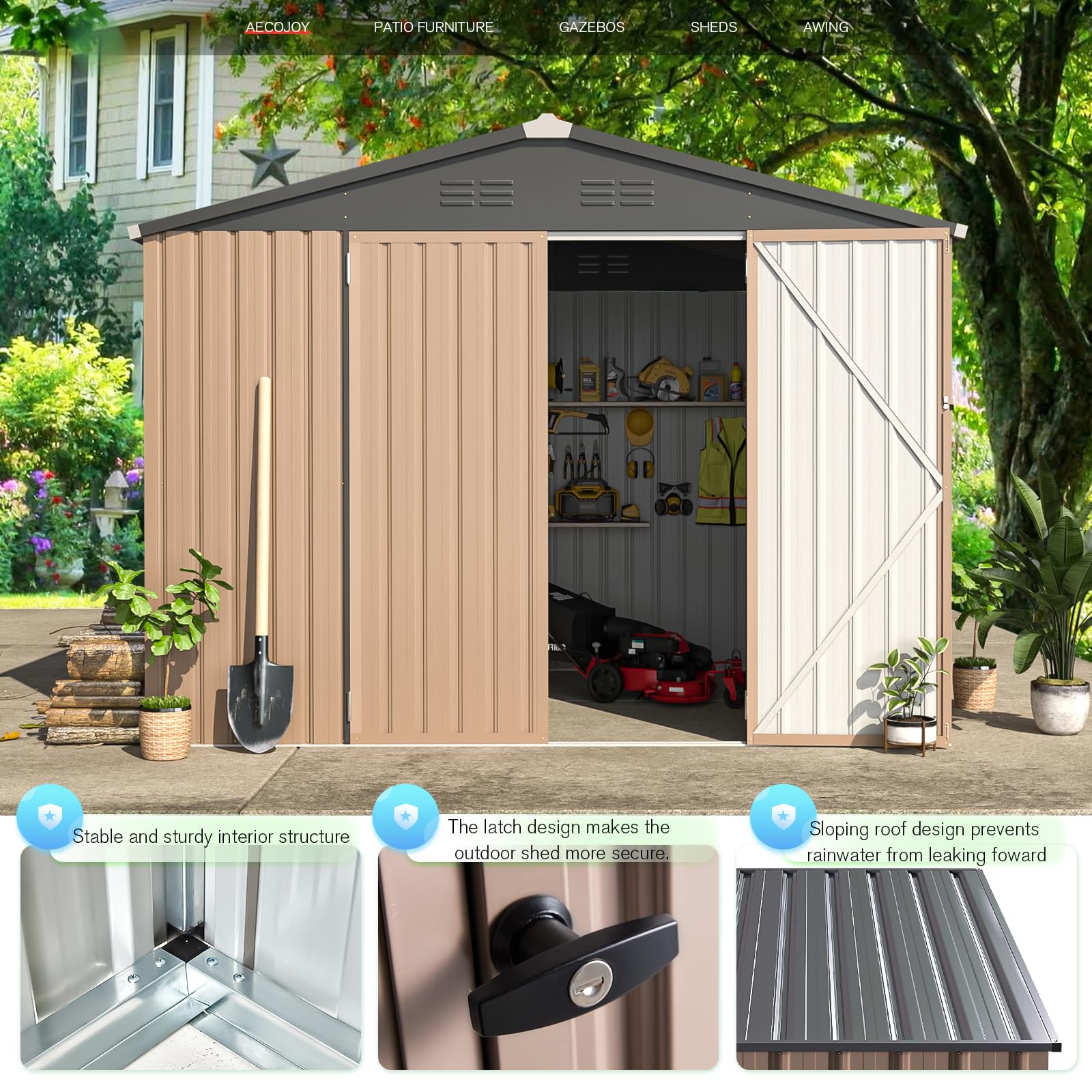 AECOJOY 8' x 6' Outdoor Metal Storage Shed - 53 Sq.Ft Steel Garden Shed with Lockable Doors | Weather-Resistant Utility & Tool Storage for Backyard, Patio, Garage Organization | Perfect for Lawn Equipment, Gardening Tools & Seasonal Items