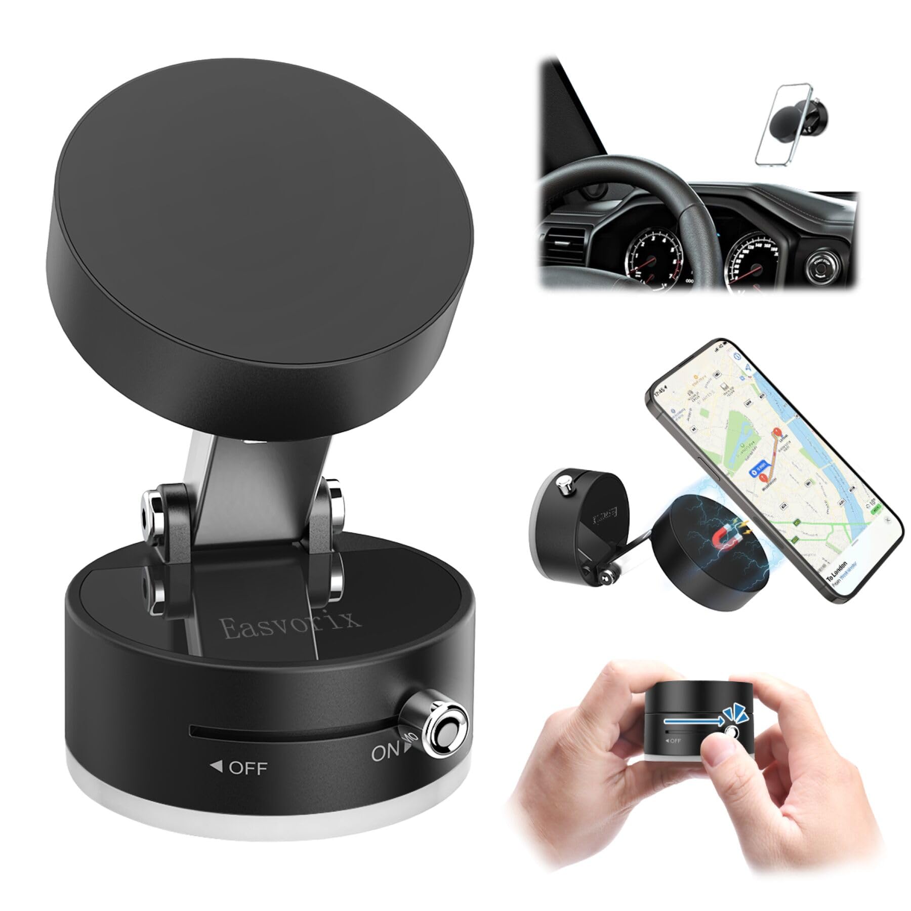 Universal Vacuum Magnetic Phone Holder with Metal Ring - Compatible with iPhone & All Smartphones | Portable, Collapsible Car Mount & Gym Stand | Includes Windshield Suction Cup for Secure Use While Driving, Working Out, or Traveling