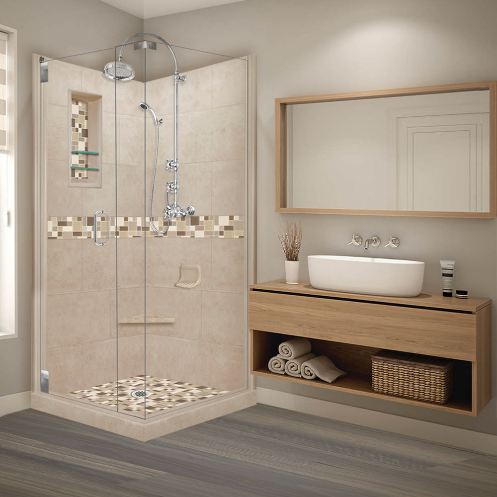 DIY Shower Remodel Kit - Corner Brown Sugar Sistine Stone & Tuscany Mosaic Accent Tile for Bathroom Renovation | Waterproof Peel-and-Stick Backsplash | Easy Installation for Showers, Bathtubs & Kitchen Walls