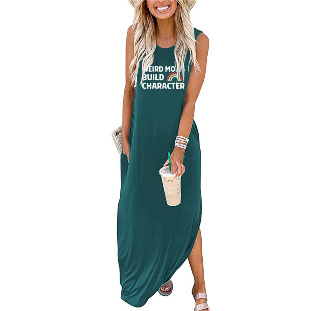 Funny Graphic Sleeveless Maxi Dress for Women - Cute Summer Beach Tank Dress with Saying 'Weird Moms Build Character' - Perfect for Vacation, Pool Parties & Casual Outings