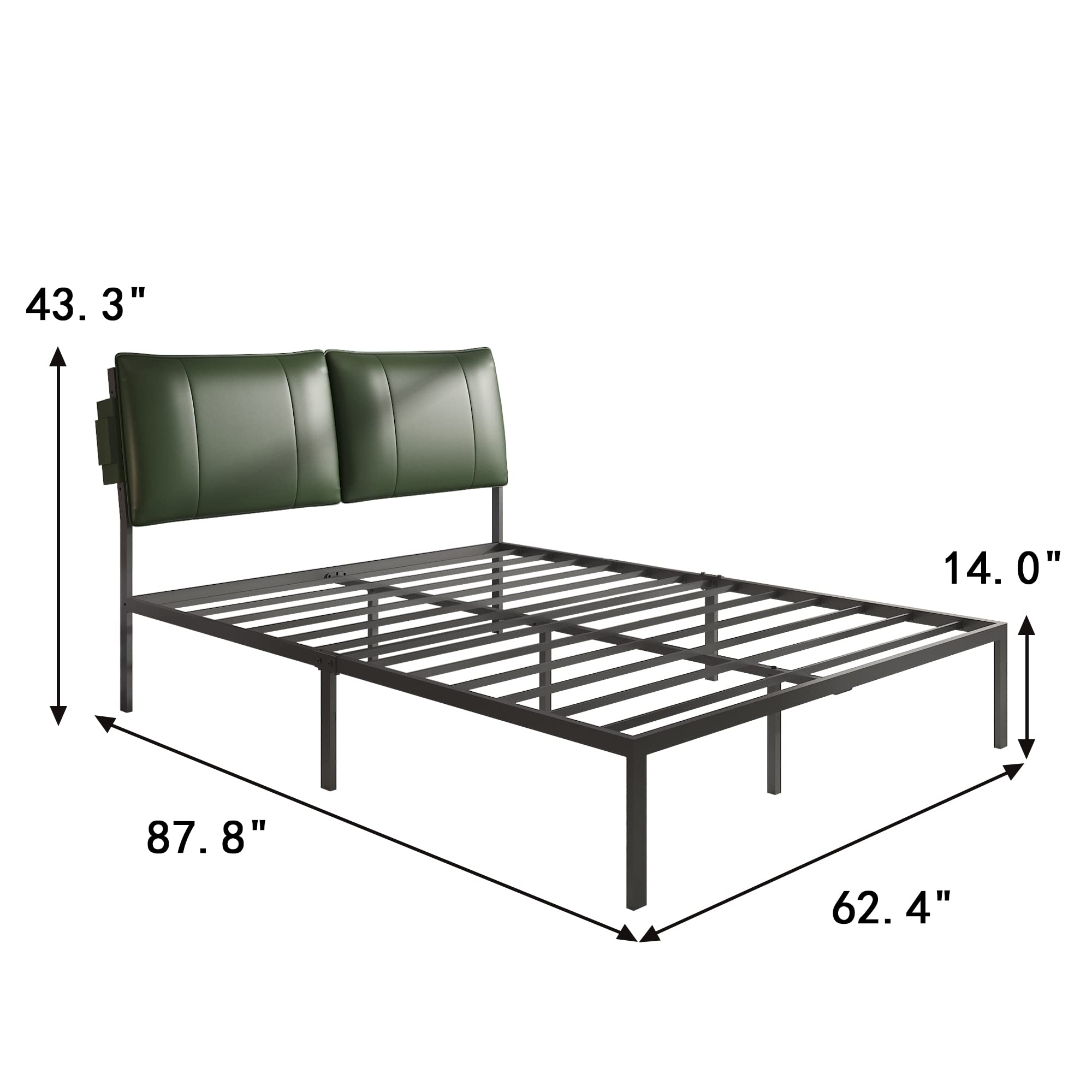 Queen Size Metal Bed Frame with Green Leathaire Headboard - Heavy Duty Steel Platform Bed with Reinforced Metal Slats, No Box Spring Needed - Modern Black Bed Frame for Master Bedroom, Guest Room & Dorm