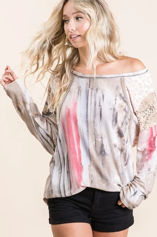 Trendy BiBi Tie Dye Knit Top with Print Block Shoulder - Women's Fashion Casual Blouse for Summer Outfits & Boho Style