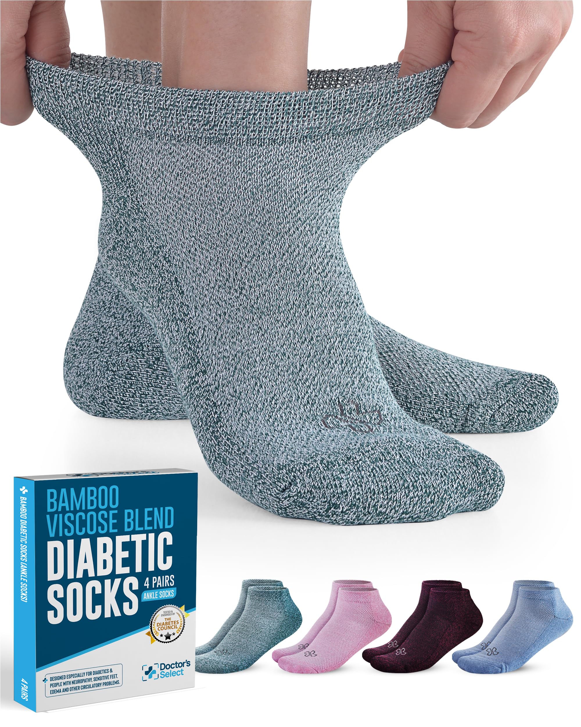 Doctor's Select Bamboo Viscose Diabetic Socks for Women & Men - 4 Pairs Moisture-Wicking Ankle Socks with Loose Fit | Comfortable Footwear for Diabetes, Swelling & Circulation Issues | Perfect for Daily Wear, Work & Travel