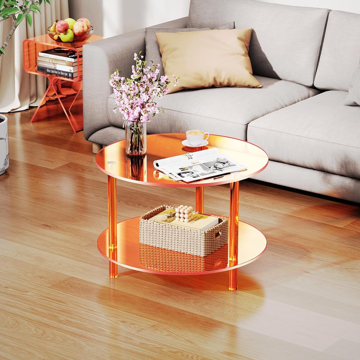 Modern Clear Acrylic Nightstand Side Table - Stylish End Table for Living Room, Bedroom & Office - Orange Home Decor Display for Contemporary Spaces