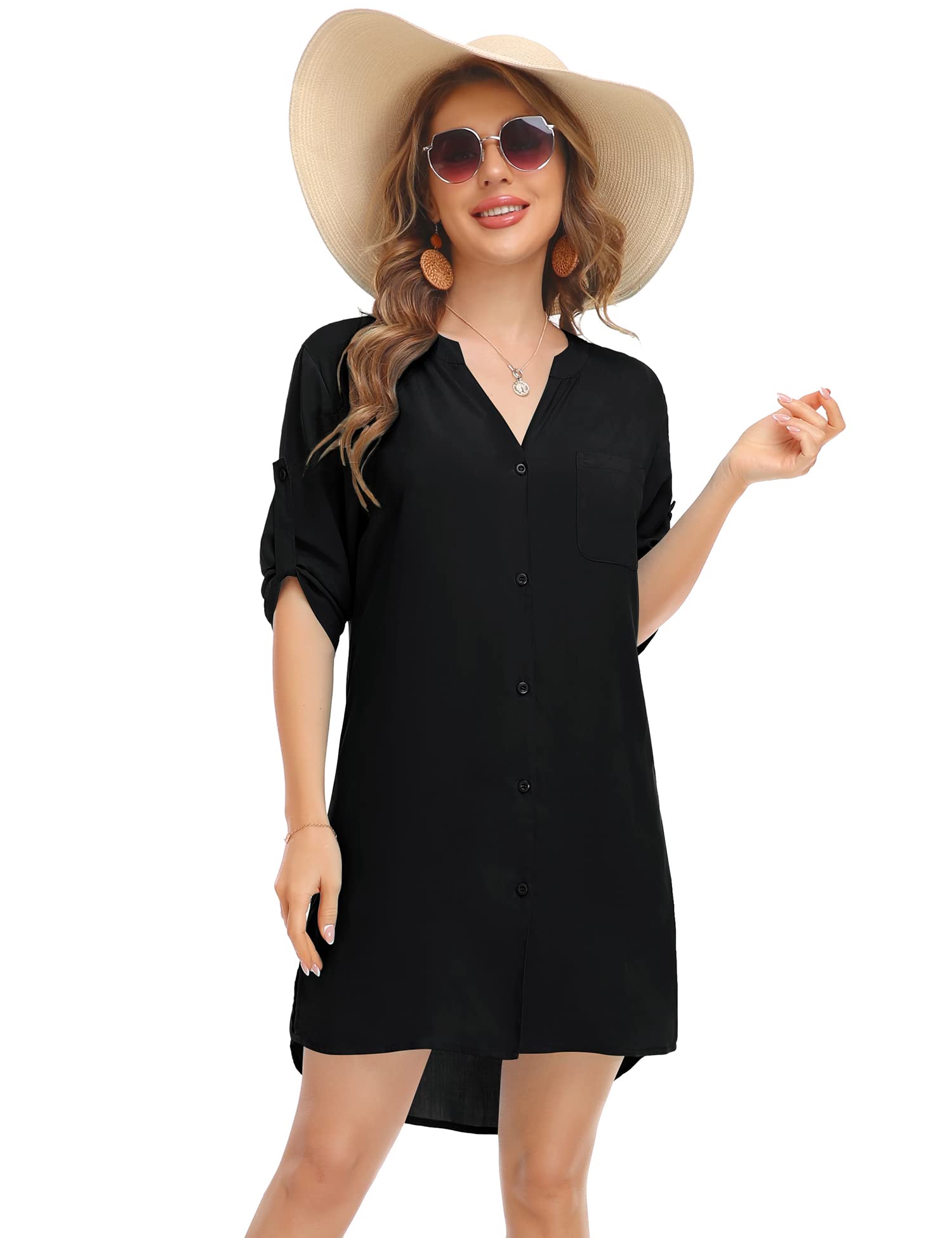 SWOMOG Women's Summer Beach Cover Up Shirt - Long Sleeve Button Down Swimsuit Coverups for Pool, Vacation & Outdoor Activities