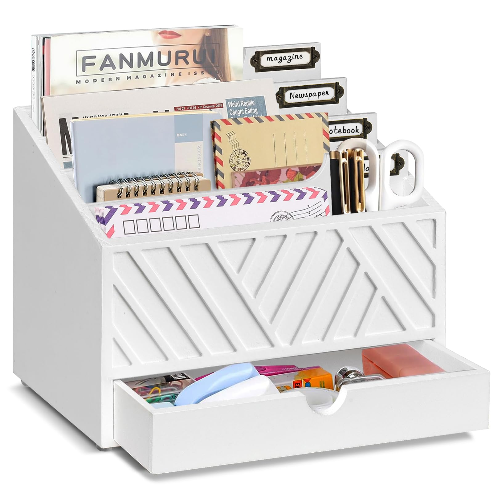 Wooden Mail Organizer with 4 Large Compartments & Drawer - Countertop Desk File Sorter for Letters, Papers, Folders - Perfect for Home Office, Mailroom & Workspace Organization