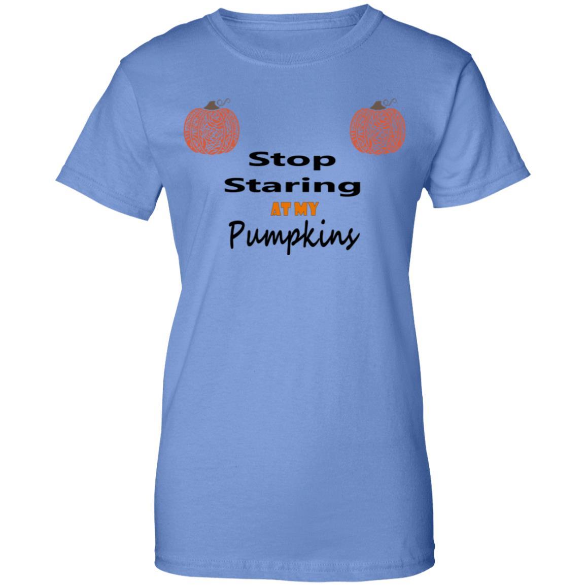 Stop Staring At My Pumpkins Women's 100% Cotton Graphic T-Shirt - Funny Fall Halloween Tee for Pumpkin Patch & Autumn Outings