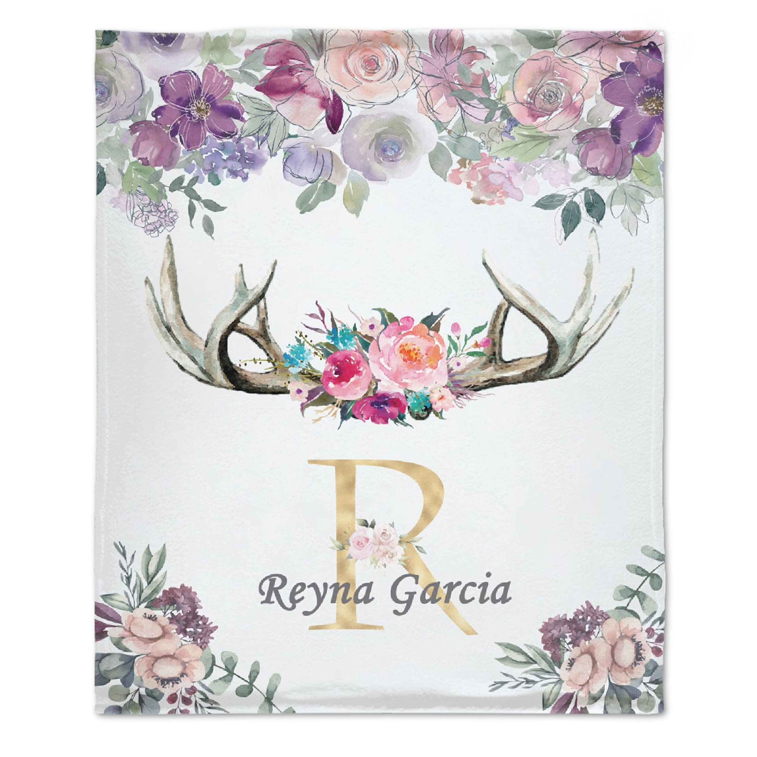 Personalized Custom Baby Blanket with Name - Deer Horns & Floral Design in Soft Purple Fleece - 120