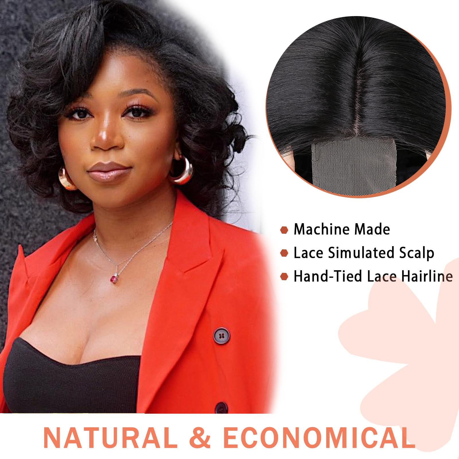 Lady Miranda Short Curly Synthetic Wig - Heat Resistant Bob Loose Wave Lace Part Wig for Black Women | Natural Looking Side Part Human Hair Alternative | Perfect for Cosplay, Daily Wear & Special Occasions (Black)