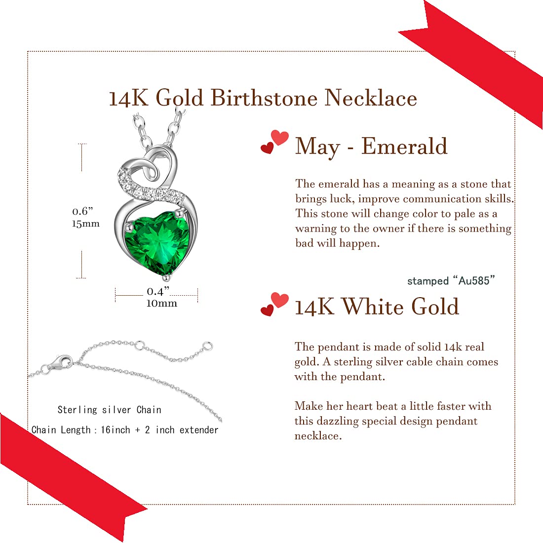 14K Solid White Gold Birthstone Necklace with Sterling Silver Chain - 1.5 CT Heart Pendant Dainty Jewelry for Women - 16