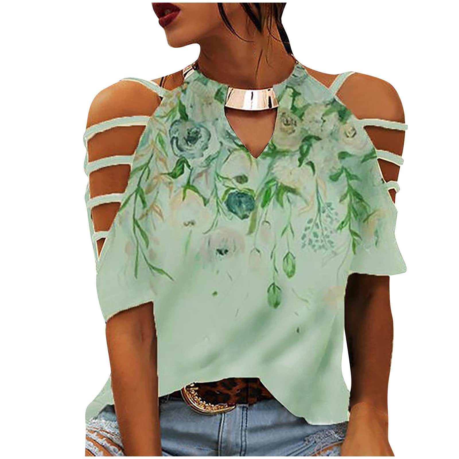 Plus Size Women's Cropped Off Shoulder Halter Blouse - Short Sleeve Summer Tunic Top with Butterfly Print | Casual Wear for Beach, Vacation & Date Nights