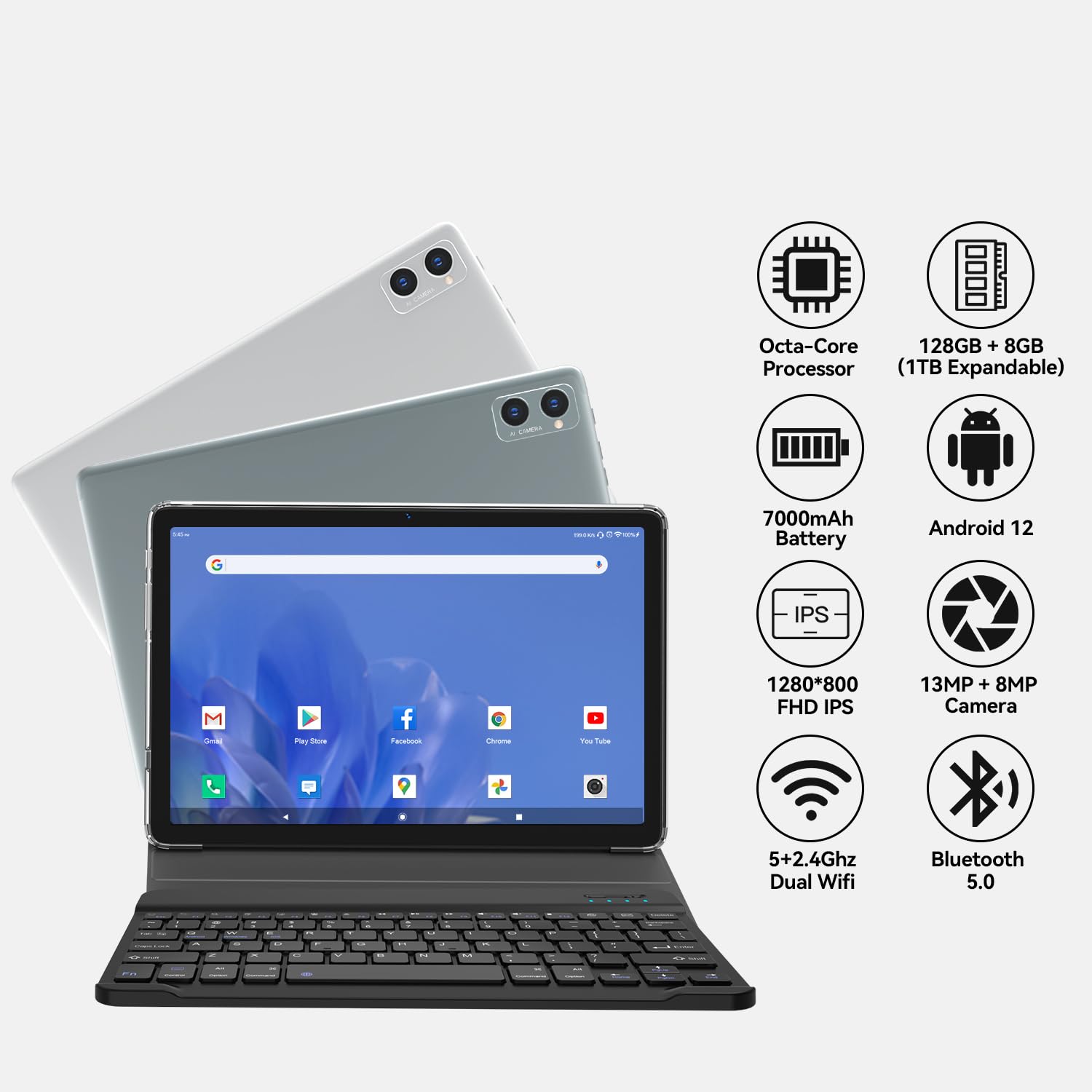 2-in-1 Android Tablet with Keyboard - 10 Inch 128GB Storage, 8GB RAM, 1TB Expandable, Octa-Core Processor, 13+8MP Dual Camera, 5G WiFi, Bluetooth, GPS - Includes Foldable Case, Mouse & Stylus (Gray) - Perfect for Work, Study & Entertainment