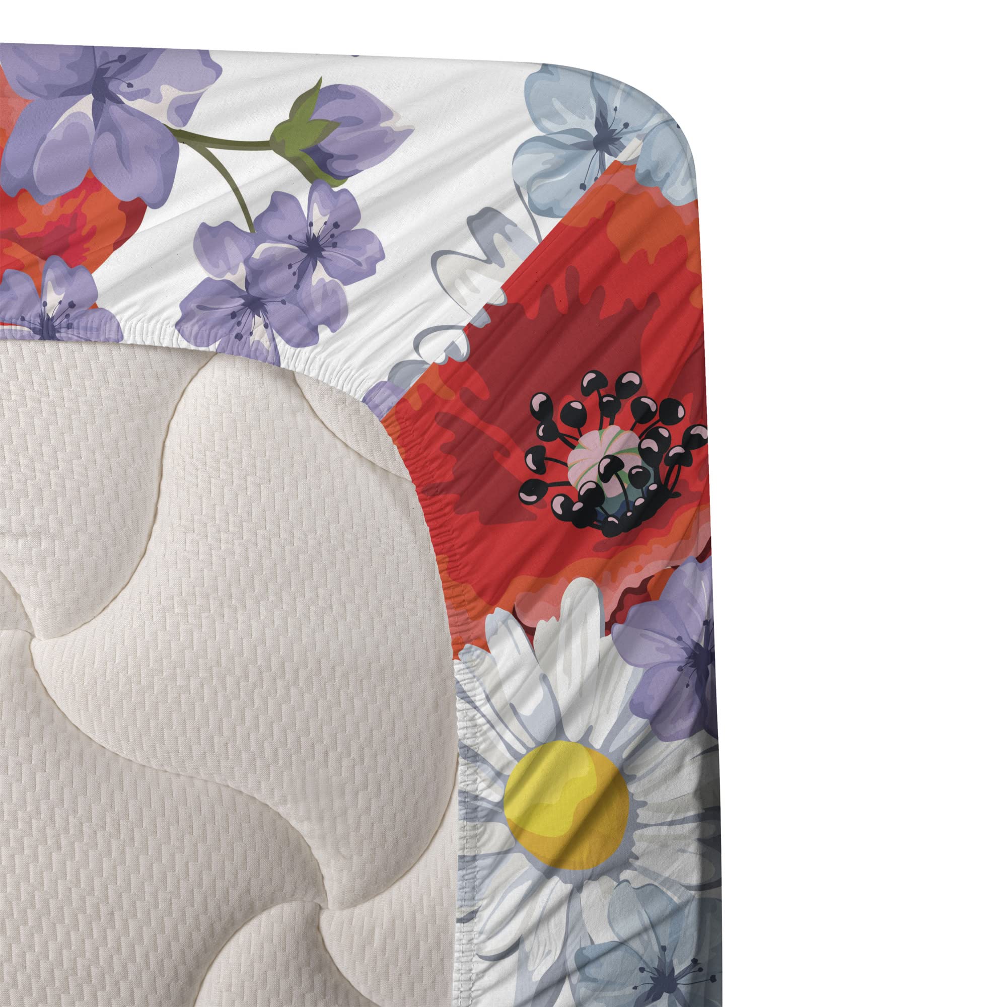 Ambesonne Floral Bedding Set - 4 Piece King Size with Purple Poppy & Daisy Wildflowers Design, Fitted & Flat Sheets + Pillowcases - Lavender & Scarlet Summer Nature Theme | Perfect for Guest Rooms, Master Bedrooms & Bohemian Home Decor