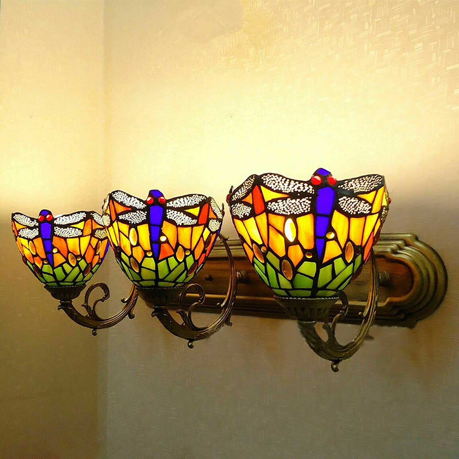 Handcrafted Stained Glass LED Dragonfly Wall Sconce - 3-Light Vanity Mirror Lamp for Bathroom, Bedroom & Living Room | Creative Lighting Fixture with Hummingbird Design | Perfect for Hotels, Hallways & Cozy Corners