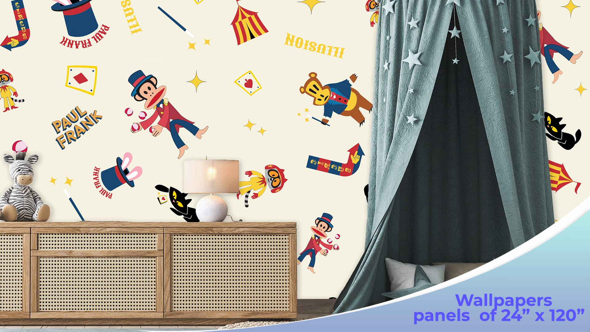 EGD Paul Frank Circus Peel and Stick Wallpaper - Self Adhesive Removable Wall Decor for Living Room, Bedroom, Nursery - 8 Panels (24