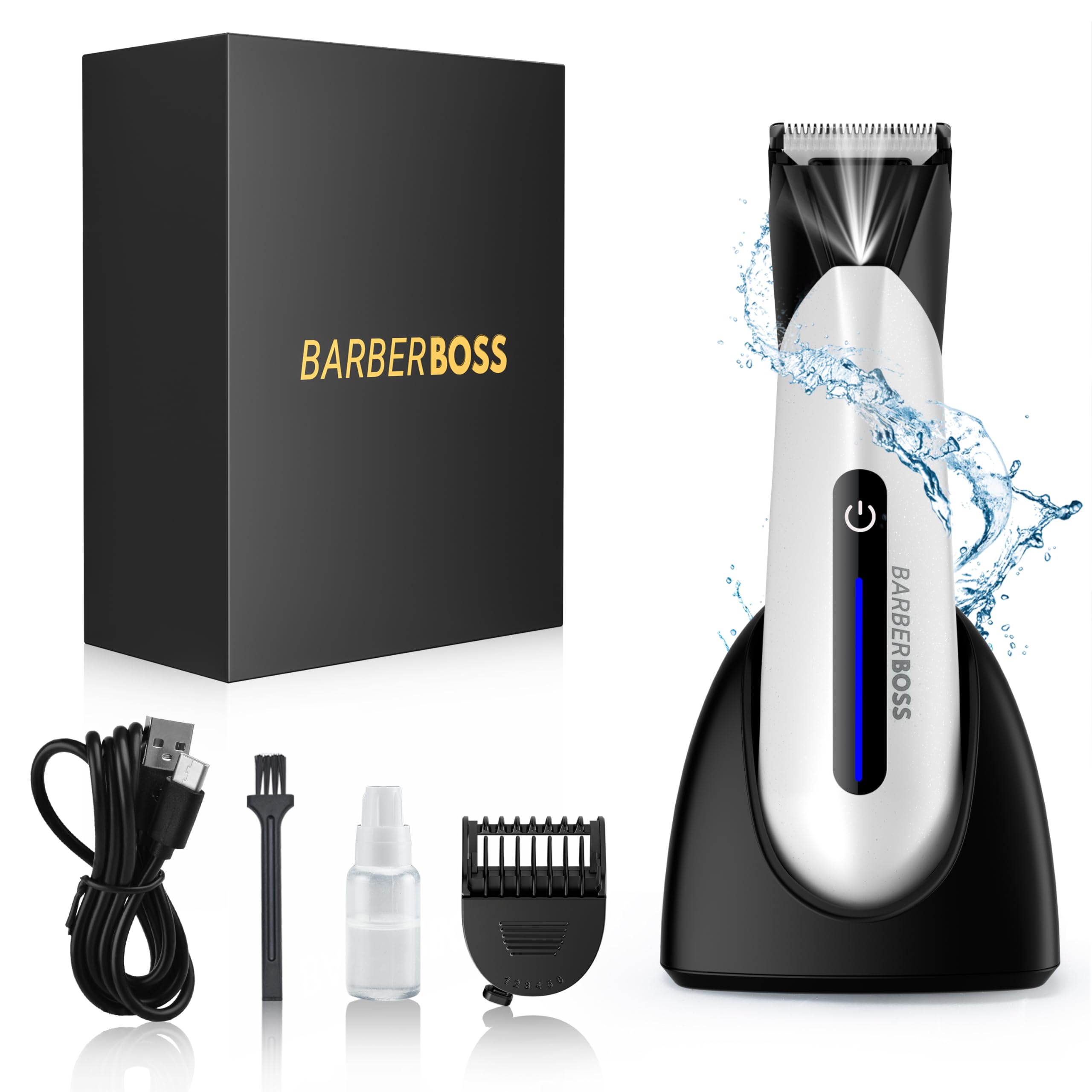 BarberBoss QR-2073 Men's Body Groomer & Ball Shaver - Electric Pubic Hair Trimmer for Groin, Chest & Body - Waterproof Manscaping Trimmer for Smooth Shaving at Home or Gym - White