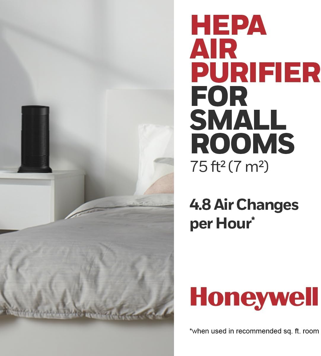 Honeywell HPA060C True HEPA Air Purifier for Small Rooms - 99.97% Allergen Remover for Dust, Pollen, Pet Dander - Captures Wildfire Smoke & Reduces 99.9% Viruses/Bacteria - Covers 75 Sq Ft in 1 Hour - Portable Black Air Cleaner for Bedroom, Office, Nursery & Allergy Relief