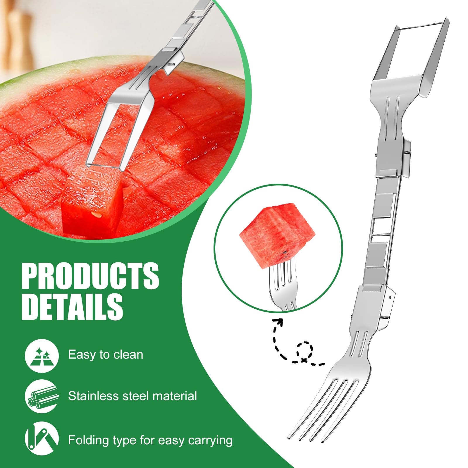 2-in-1 Stainless Steel Watermelon Cutter & Slicer - Portable Foldable Dual Head Fruit Fork & Knife for Kitchen, Picnics & Outdoor BBQ Parties