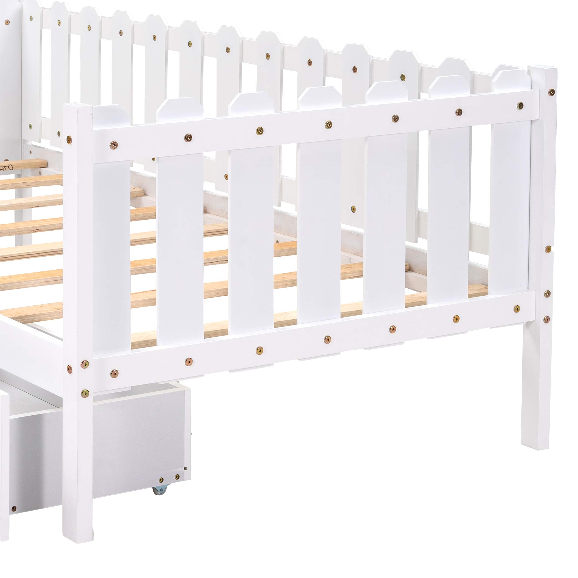KLMM Twin Daybed with 2 Storage Drawers - Solid Wood Sofa Bed Frame for Small Spaces - Rustic Style Convertible Bed for Bedroom, Living Room or Guest Room (White) - Perfect for Apartments, Dorms & Home Offices