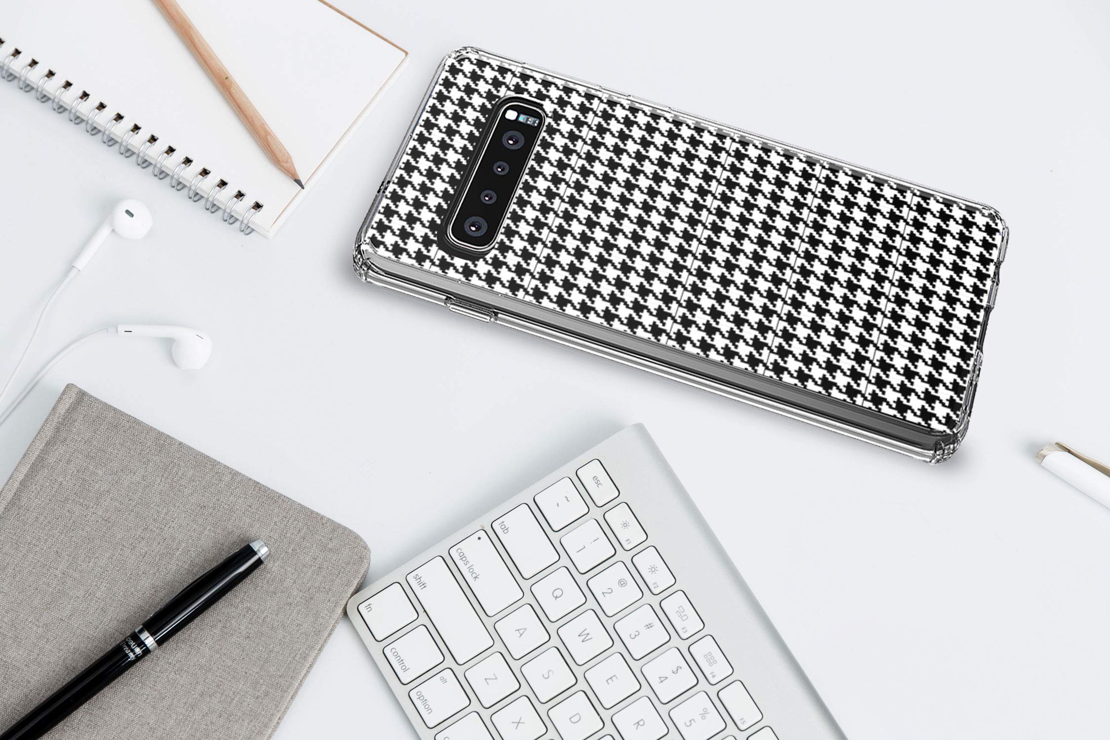Shockproof Hybrid Case for Samsung Galaxy S10+ Plus (6.4 Inch) - Clear TPU Bumper with Acrylic Back, Fingerprint Compatible Screen Protector - White Houndstooth Design - Perfect for Daily Use, Travel & Outdoor Activities