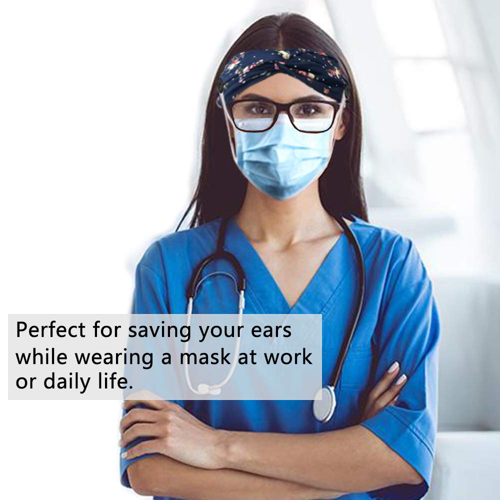 4 Pack Floral Button Headbands for Women - Adjustable Mask Headbands for Nurses, Head Wraps & Hair Accessories | Perfect for Work, Gym & Daily Wear