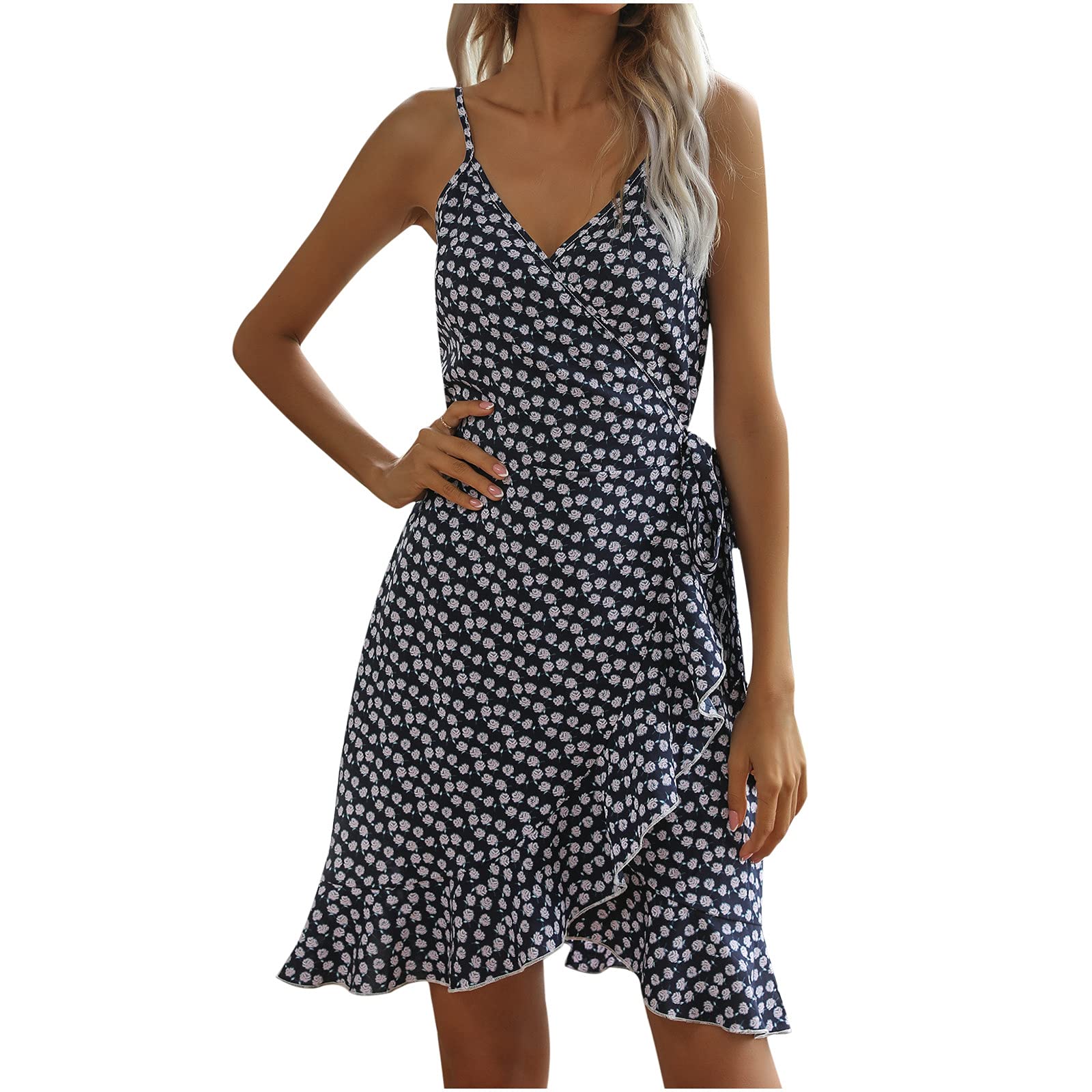Women's Floral Print Strappy Waisted Midi Sun Dress - Casual Summer Tunic Dress for Beach, Vacation & Outdoor Activities
