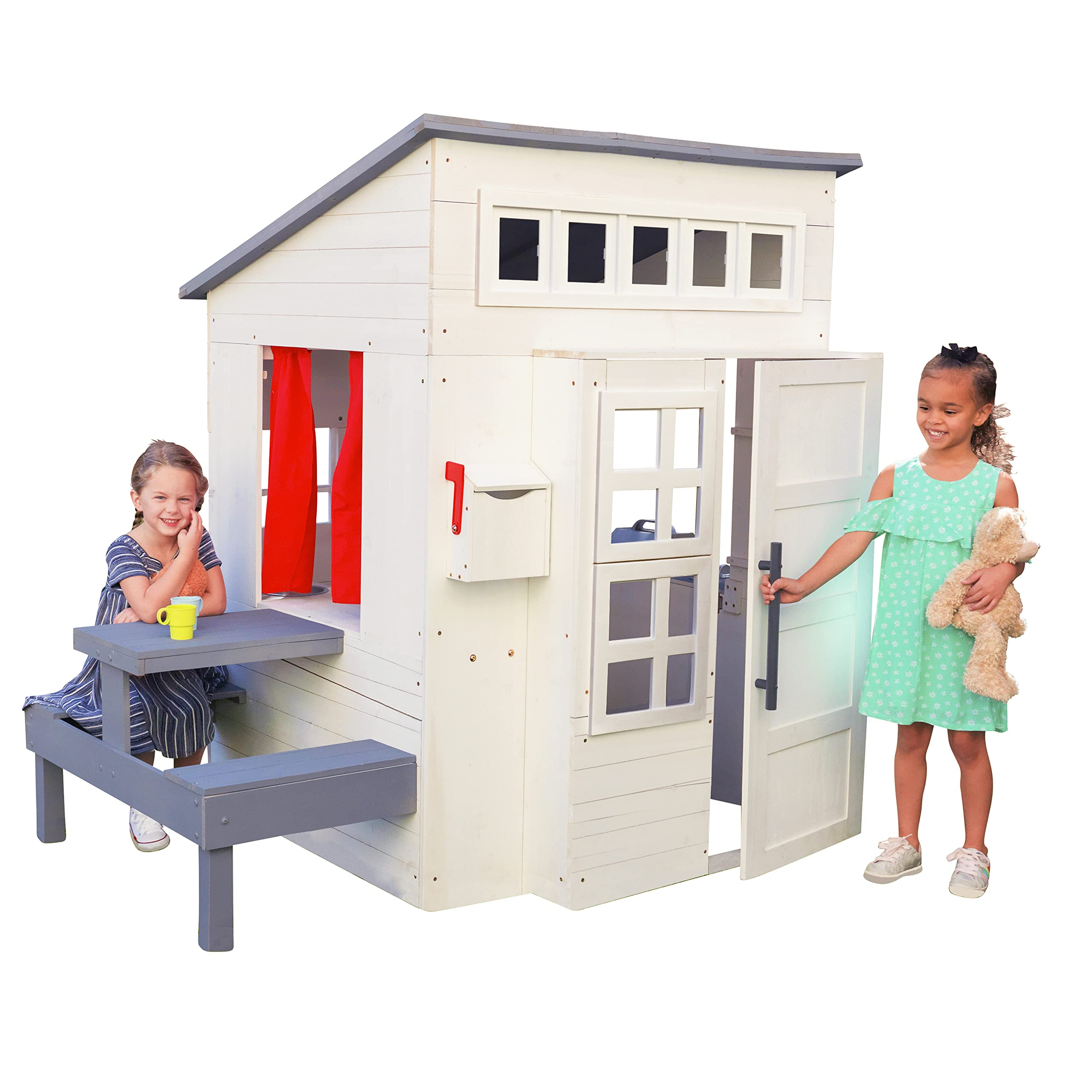 KidKraft Modern Outdoor Wooden Playhouse with Picnic Table, Mailbox & Grill - White | Durable Backyard Playset for Kids, Perfect for Outdoor Pretend Play & Garden Fun