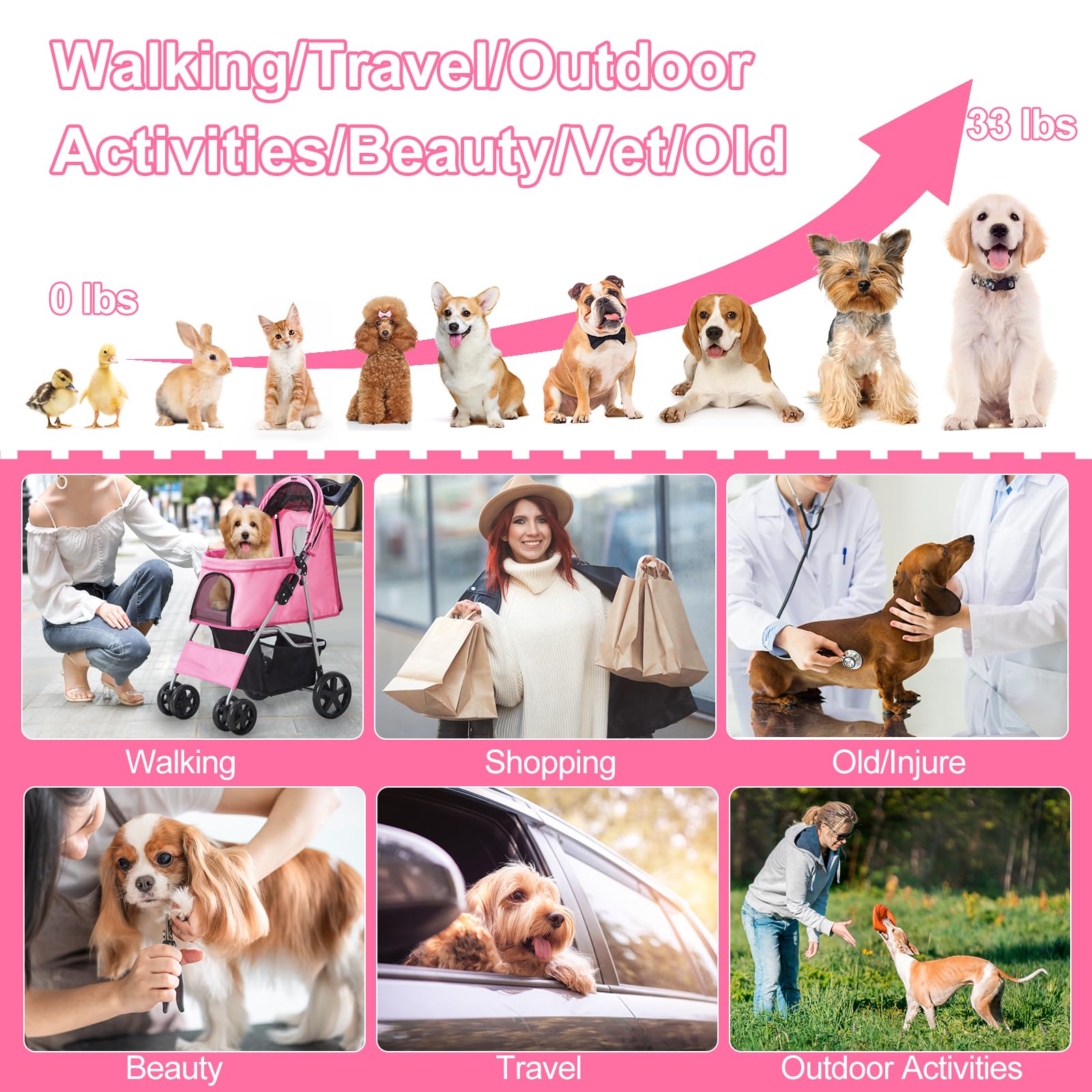 Foldable Lightweight Pet Stroller for Small & Medium Dogs & Cats - 4-Wheel Pink Dog Carrier with Storage Basket | Perfect for Park Walks, Vet Visits & Shopping Trips