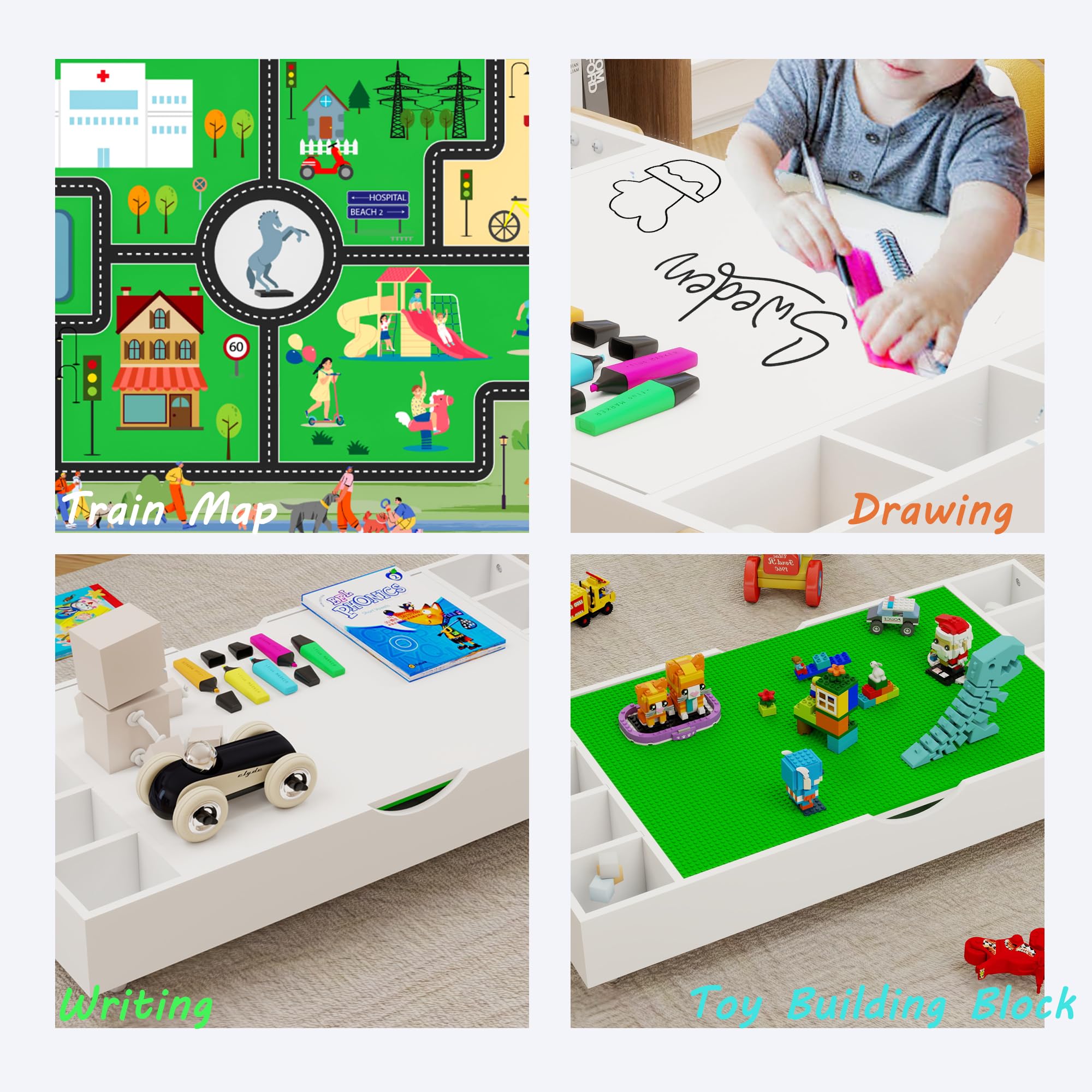 2-in-1 Wooden Kids Activity Table with Storage & Wheels - Play Table with Block Board, Rolling Construction Game Table - Fits Under Sofa (White) - Perfect for Playrooms, Daycares & Small Spaces